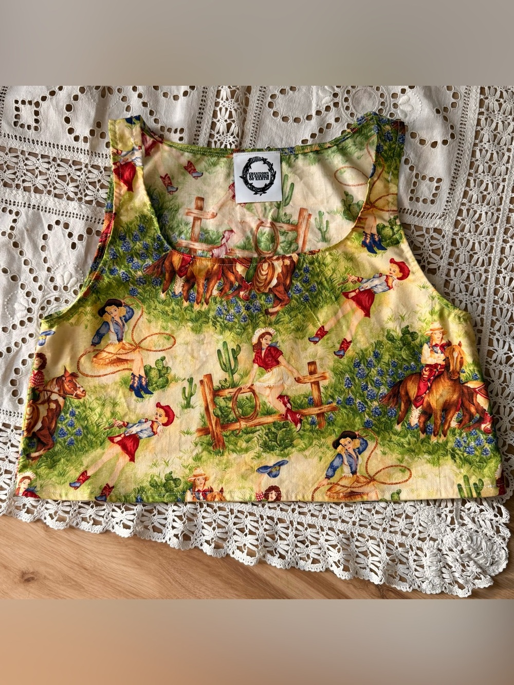 Handmade Vintage fabric Western Cowgirl Print Crop Tank - Yellow & Green